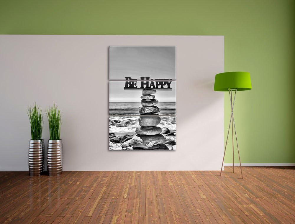Pixxprint Monocrome, Steinturm bei Happy am Strand 3-Teiler Leinwandbild 120x80 Bild auf Leinwand