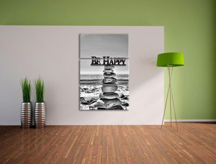Pixxprint Monocrome, Steinturm bei Happy am Strand 3-Teiler Leinwandbild 120x80 Bild auf Leinwand