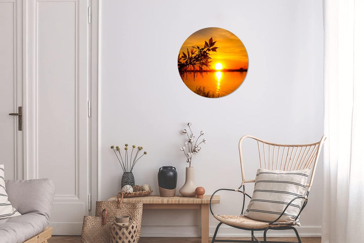 MuchoWow Wandbild Rund Wanddeko Deko Wohnzimmer Bilder 30x30 cm Sonnenuntergang - Wasser - Pflanzen
