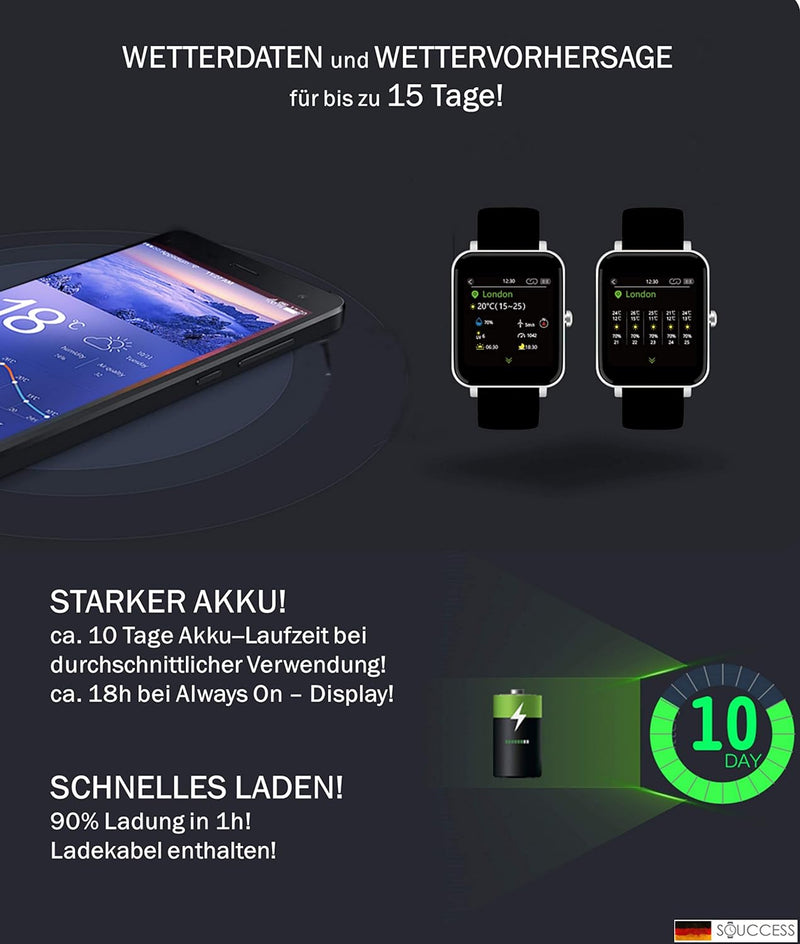 SOUCCESS FITNESSUHR MIT Full Touch Display, SMARTWATCH Always ON Display, FITNESSTRACKER, PULSMESSER