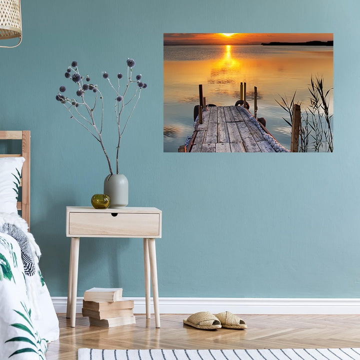 Feeby Vlies Leinwandbild Strand See Holzsteg Sonnenuntergang 90x60 cm Druckbild Wandbild Wanddekorat