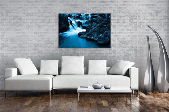deyoli idyllischer Wasserfall in Irland Format 80x60 Effekt: Monocrome Blau als Leinwandbild, Motiv