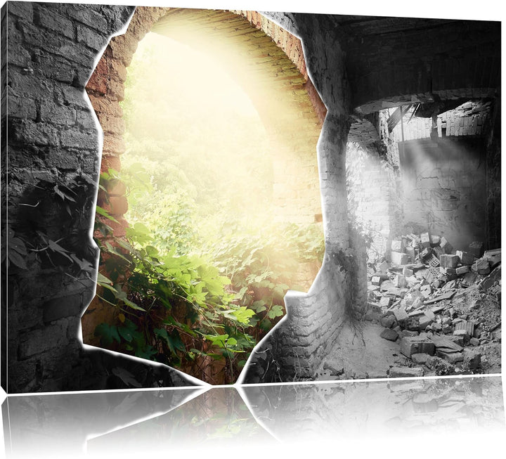 erleuchtete Ruine schwarz/weiss Format: 100x70 auf Leinwand, XXL riesige Bilder fertig gerahmt mit K