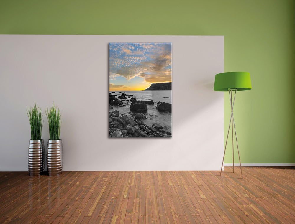 Pixxprint Ruhiger Felsstrand als Leinwandbild/Grösse: 120x80 cm/Wandbild/Kunstdruck/fertig bespannt