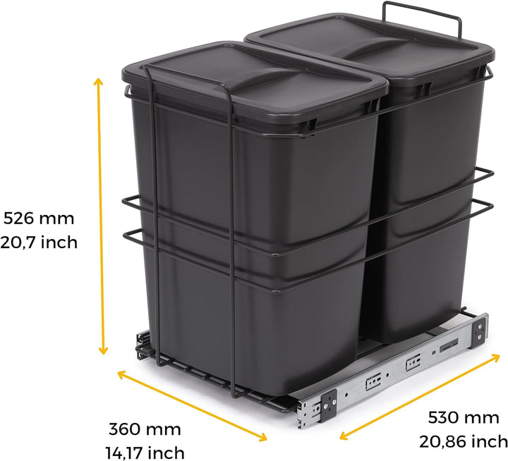 Emuca - Recycling-Behälter für die Küche, 2 x 35 L, Bodenbefestigung und Handauszug, Anthrazitgrauer