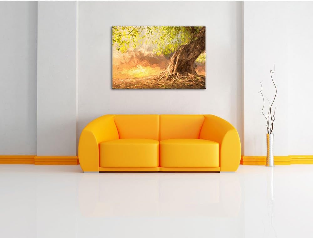 Pixxprint Verwurzelter starker Baum im Sonnenuntergang Kunst Pinsel Effekt, Format: 100x70 auf Leinw