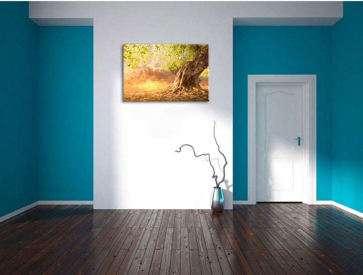 Pixxprint Verwurzelter starker Baum im Sonnenuntergang Kunst Pinsel Effekt, Format: 100x70 auf Leinw