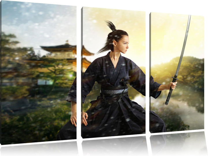 Pixxprint Samurai-Kriegerin Schnee / 3-Teilig/Gesamtmass 120cm Leinwandbild bespannt auf Holzrahmen/