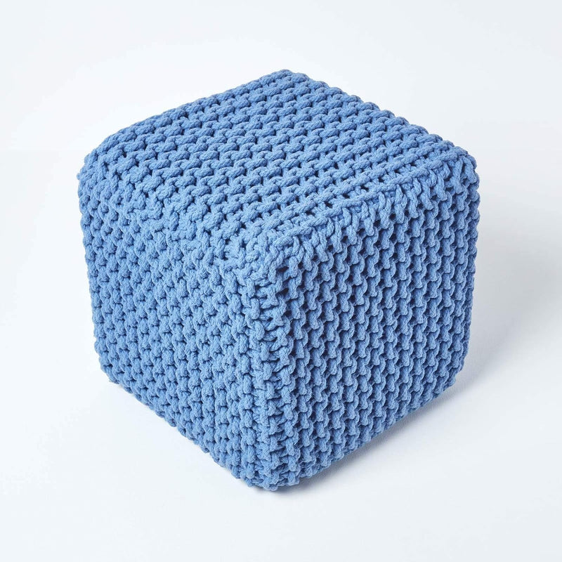 Homescapes Sitzhocker Sitzwürfel blau 35 x 35 x 35 cm, Strick Pouf, grob gestrickter Bezug aus 100%