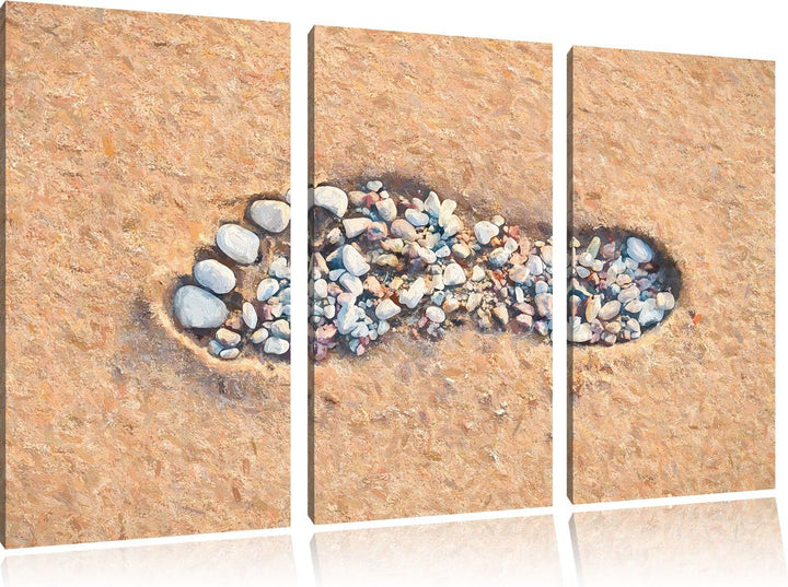 Pixxprint Fussabdruck im Sand Pinsel Effekt 3-Teiler Leinwandbild 120x80 Bild auf Leinwand