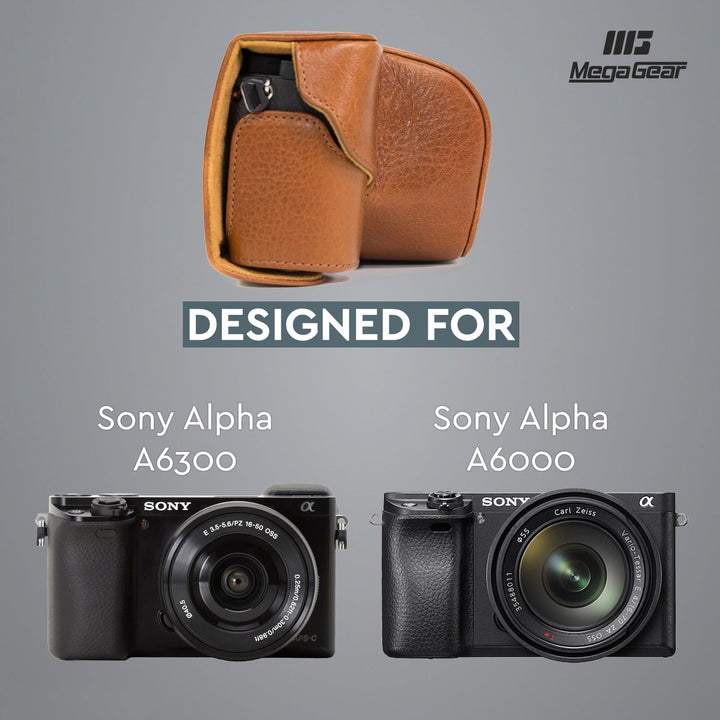 MegaGear MG560 Leder Kameratasche für Spiegelreflexkamera Sony Alpha A6000 mit 16-50mm Objektiv (Hel