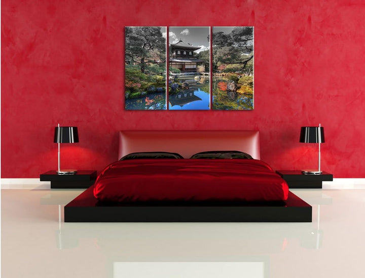 Pixxprint Ginkaku-ji-Tempel in Kyoto / 3-Teilig/Gesamtmass 120cm Leinwandbild bespannt auf Holzrahme