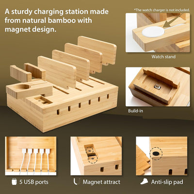 TechDot Handy USB Ladestation Bambus Ladestation Mehrere Geräte 5 Port USB Multi Ladestation Bamboo