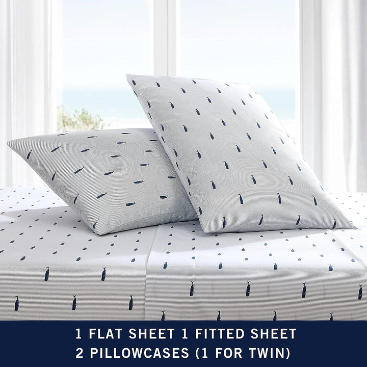 Nautica Bettwäsche-Set für Doppelbett, Baumwoll-Perkal-Bettwäsche-Set, Küstendekoration (Wal gestrei