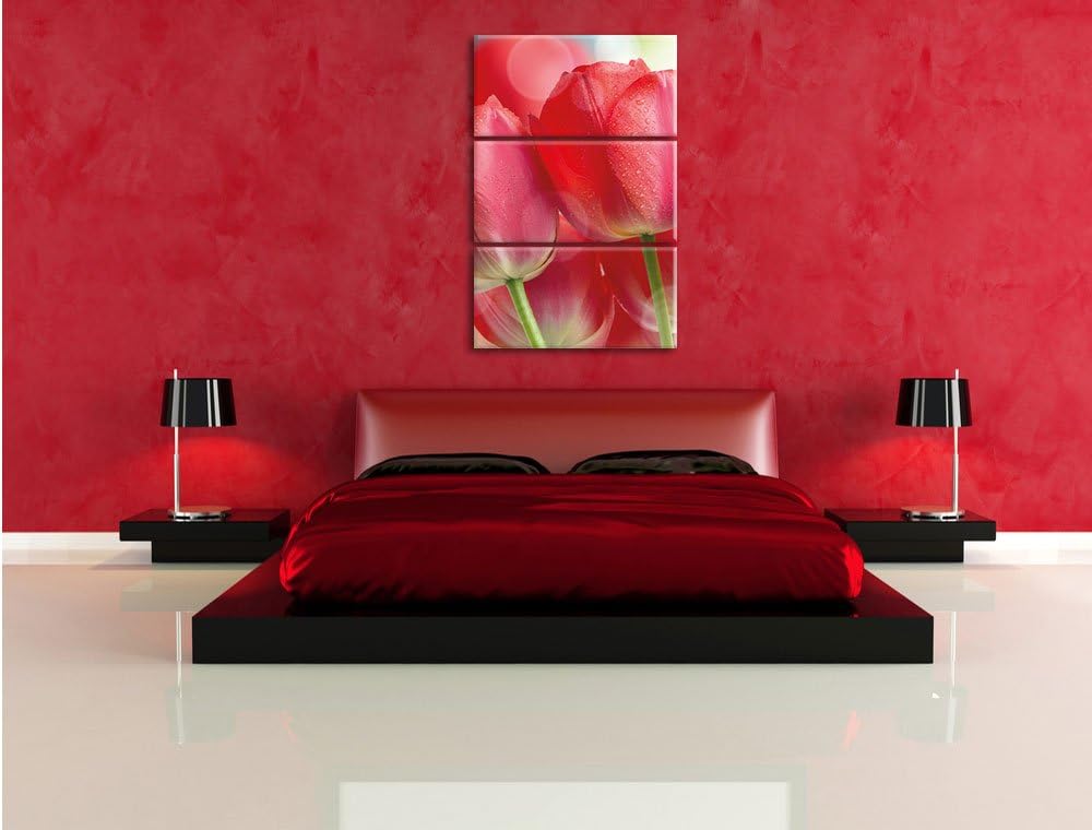 Pixxprint Rote Tulpen als Leinwandbild - Grösse: 3-Teilig (120x80cm) - Wandbild - Kunstdruck - ferti