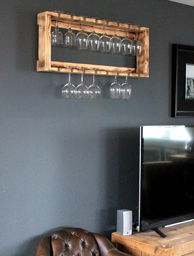 Dekorie Weinglasregal aus massivem Holz - Farbe: Geflammt - Masse (HxBxT): 36 cm x 90 cm x 12 cm - V