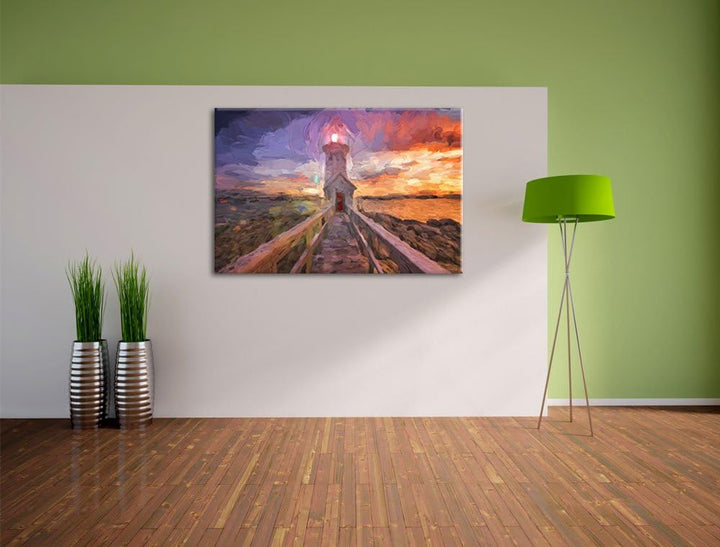 Pixxprint Leuchtturm bei Sonnenuntergang Pinsel Effekt, Format: 100x70 auf Leinwand, XXL riesige Bil
