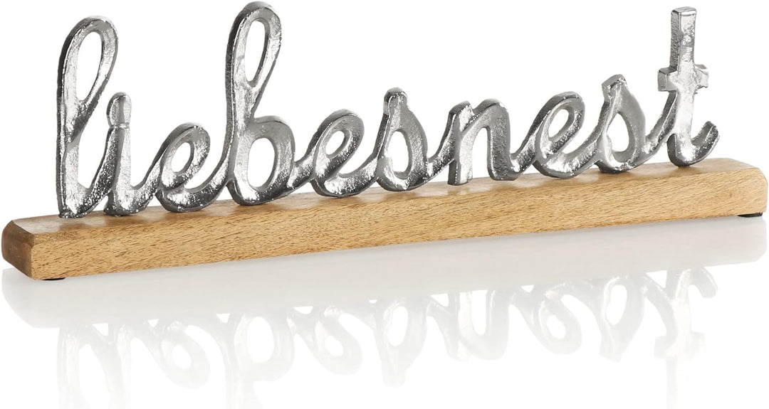 com-four® Deko Aufsteller liebesnest - Schriftzug aus Metall im Kreis aus Mangoholz - Deko-Schriftzu