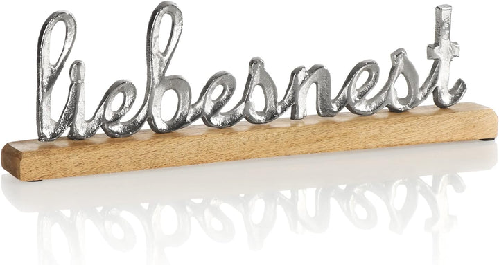 com-four® Deko Aufsteller liebesnest - Schriftzug aus Metall im Kreis aus Mangoholz - Deko-Schriftzu