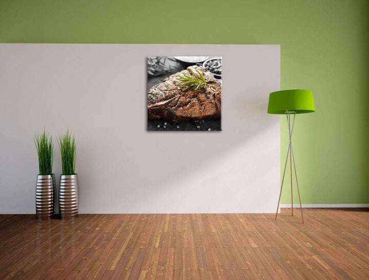 Pixxprint Gebratenes Steak mit Rosmarin als Leinwandbild/Grösse: 70x70 cm/Wandbild/Kunstdruck/fertig