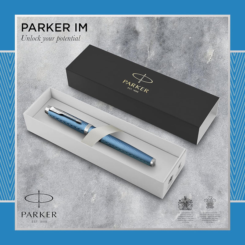 Parker IM Füller | Blaugraue Premium-Lackierung mit Chromverzierung | Füllfederhalter mit feiner Fed