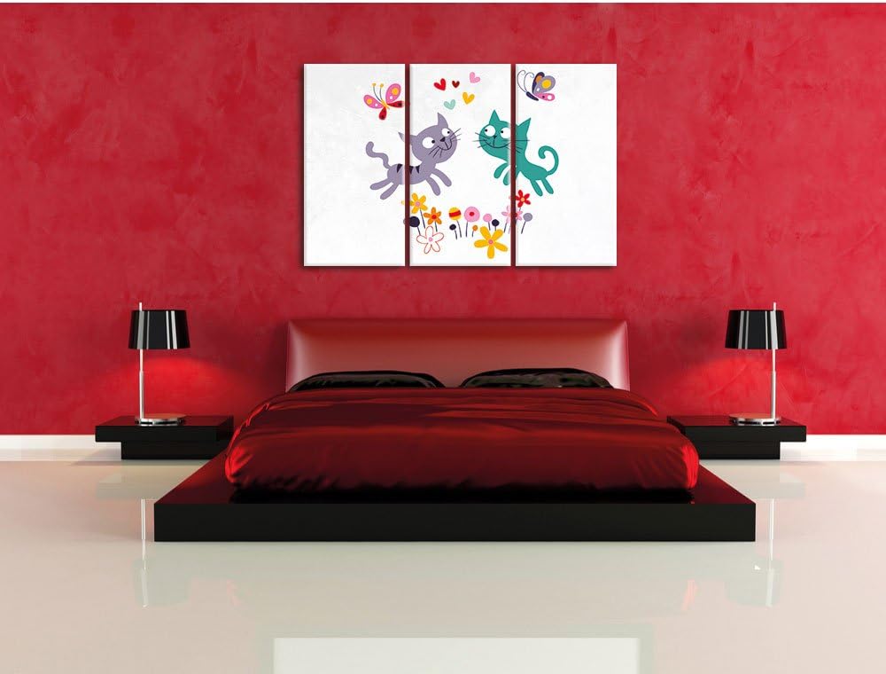 Pixxprint fröhlich und spielende Kätzchen weiss 3-Teiler Leinwandbild 120x80 Bild auf Leinwand