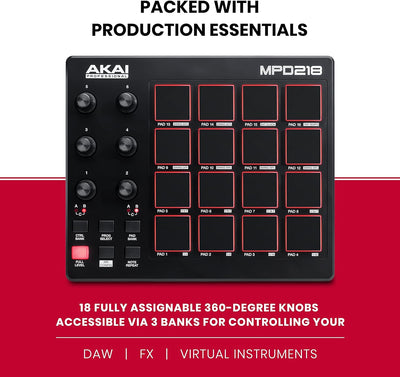 AKAI Professional MPD218 - MIDI Pad Controller, Drum Pad Machine, Beat Maker mit 16 Pads, zuweisbare