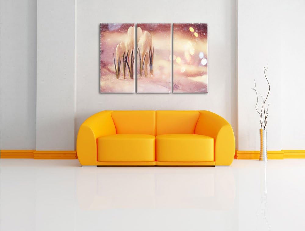 Pixxprint Schneeglöckchen im Frühjahr Kunst Buntstift Effekt 3-Teiler Leinwandbild 120x80 Bild auf L