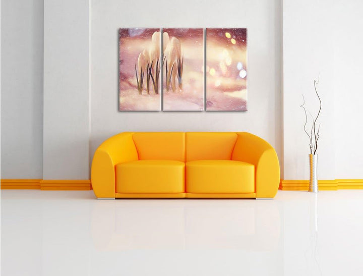 Pixxprint Schneeglöckchen im Frühjahr Kunst Buntstift Effekt 3-Teiler Leinwandbild 120x80 Bild auf L