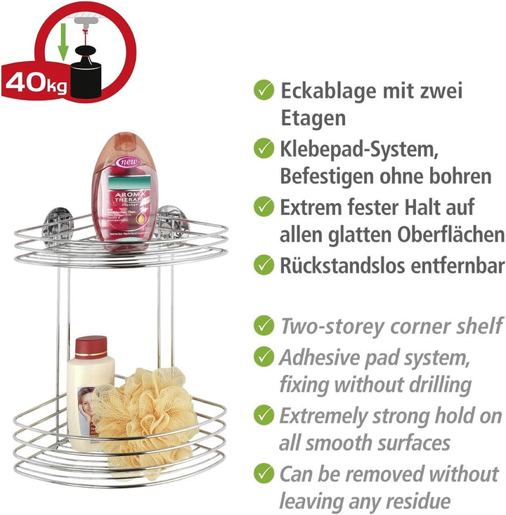 WENKO Turbo-Loc® Eckregal 2 Ablagen - Befestigen ohne bohren, Stahl, 26.5 x 33 x 20 cm, Chrom 33 x 2