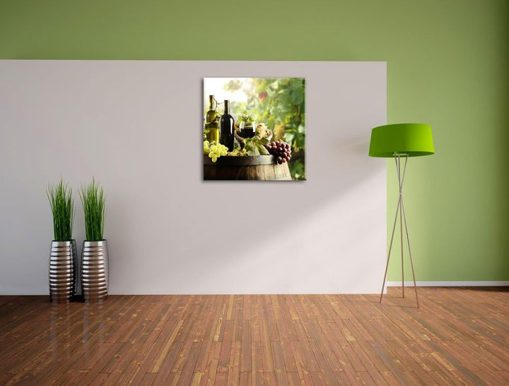 Weintrauben am Fass, Format: 70x70 auf Leinwand, XXL riesige Bilder fertig gerahmt mit Keilrahmen, K
