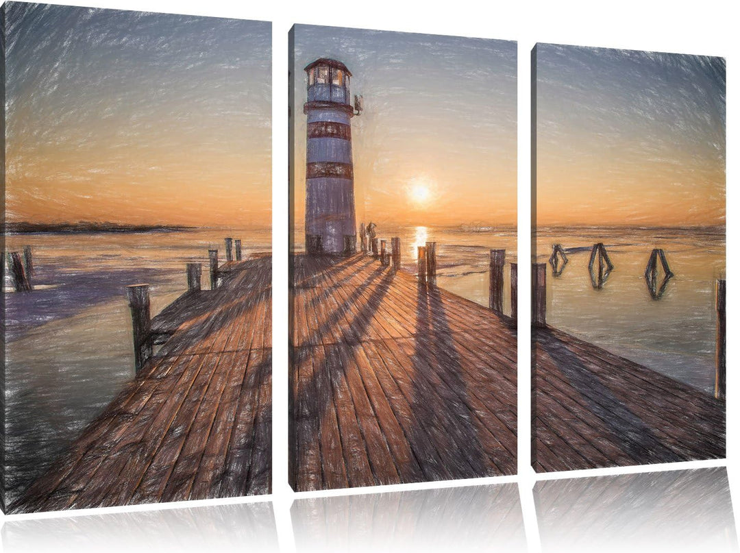 Pixxprint Leuchtturm am Steg als Leinwandbild/Grösse: 3 Teilig (120x80 cm) cm/Wandbild/Kunstdruck/fe