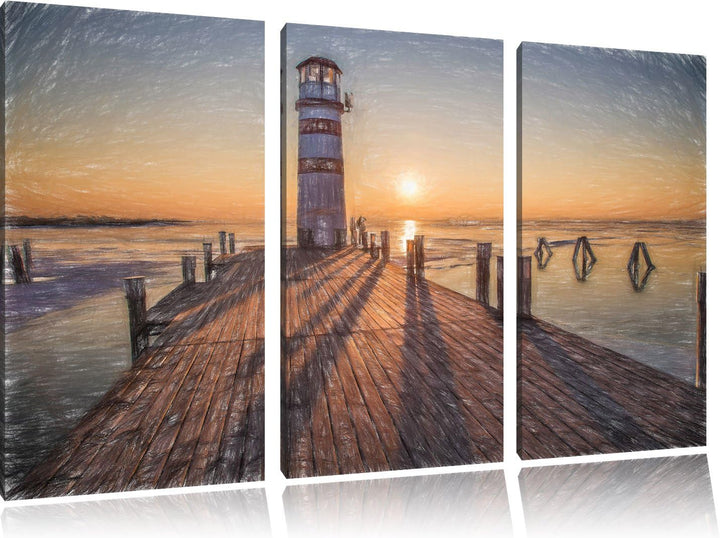 Pixxprint Leuchtturm am Steg als Leinwandbild/Grösse: 3 Teilig (120x80 cm) cm/Wandbild/Kunstdruck/fe