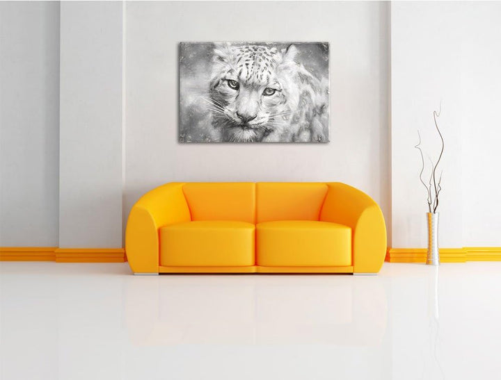 eleganter Schneeleopard schwarz/weiss Deluxe Format: 100x70 cm auf Leinwand, XXL riesige Bilder fert
