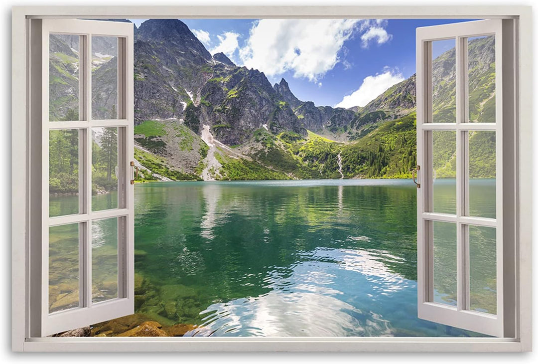 Feeby Leinwand Bilder - Fensterblick Natur- 90x60 cm- Deko Wohnzimmer - Wandbilder Schlafzimmer - De
