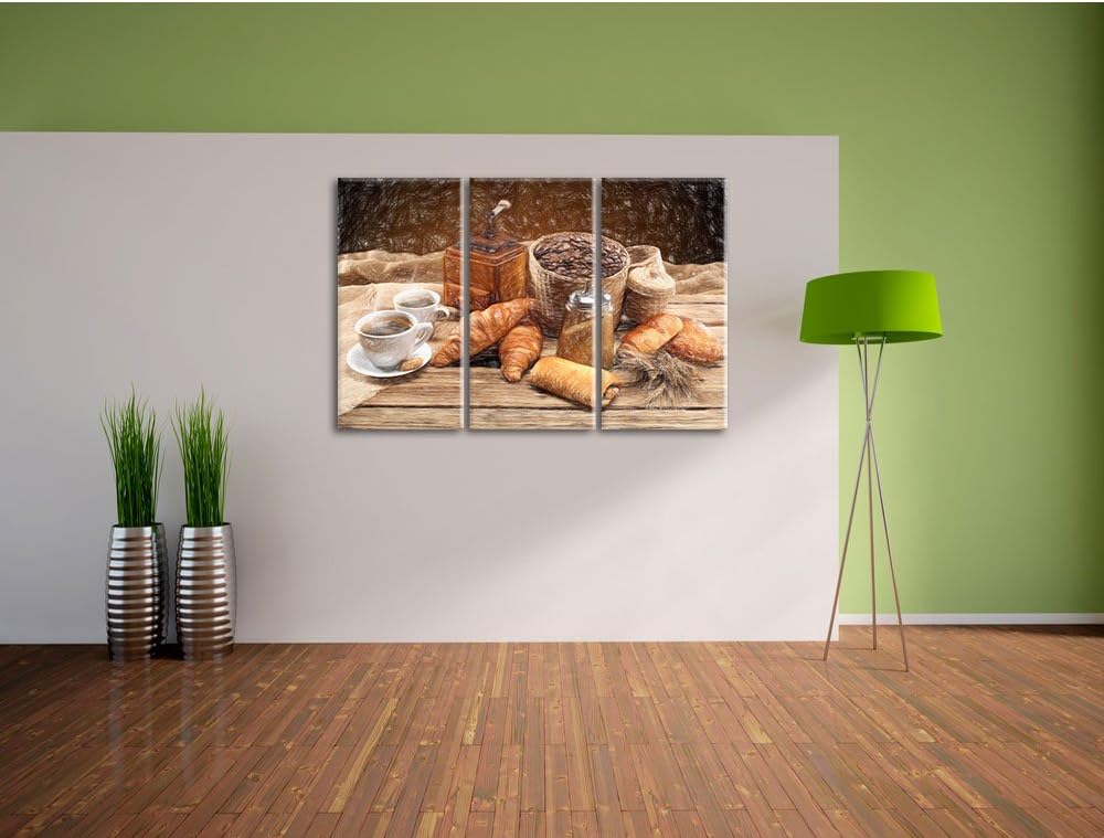Pixxprint Aromatischer Kaffee mit Croissant Bunstift Effekt 3-Teiler Leinwandbild 120x80 Bild auf Le