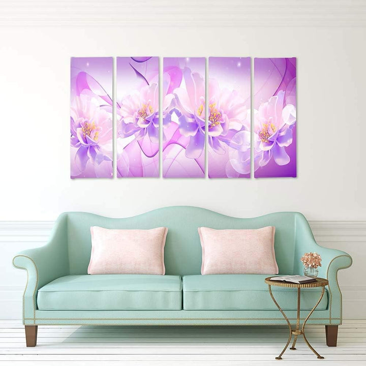 Feeby Frames, Leinwandbild Bilder Wand Bild - 5 Teile - Wandbilder Kunstdruck (Blumen, LICHT LILA RO