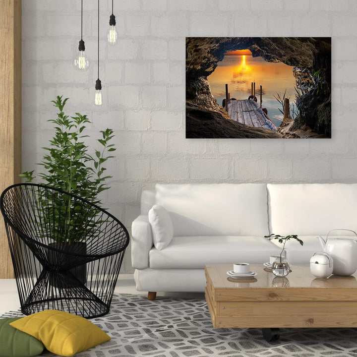 Feeby Leinwandbild XXL Höhle Illusion Wandbild Kunst Sonnenuntergang Orange 120x80 cm Leinwandbild 1