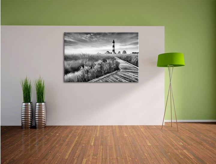 Pixxprint Monocrome, Leuchtturm im Nebel, Format: 100x70 auf Leinwand, 100x70