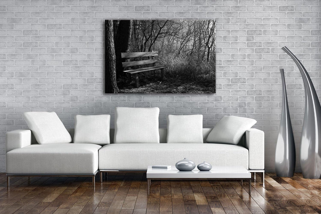 deyoli einsame Bank im Wald Format: 60x40 Effekt: Schwarz/Weiss als Leinwandbild Motiv fertig gerahm