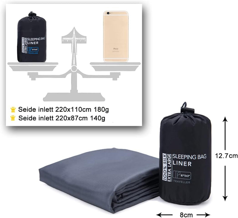BROWINT Seidenschlafsack, Hüttenschlafsack aus 100% Naturseide, Extrabreite 220x110cm, 220x87cm, 185