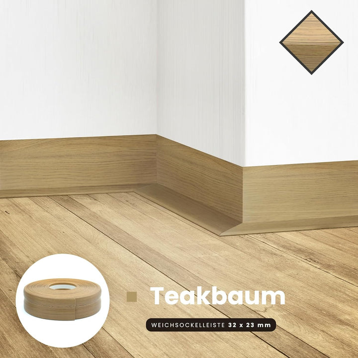 DQ-PP WEICHSOCKELLEISTE | 20m | teakbaum | 32x23mm | PVC | selbstklebend | Knickwinkel Fussleisten G