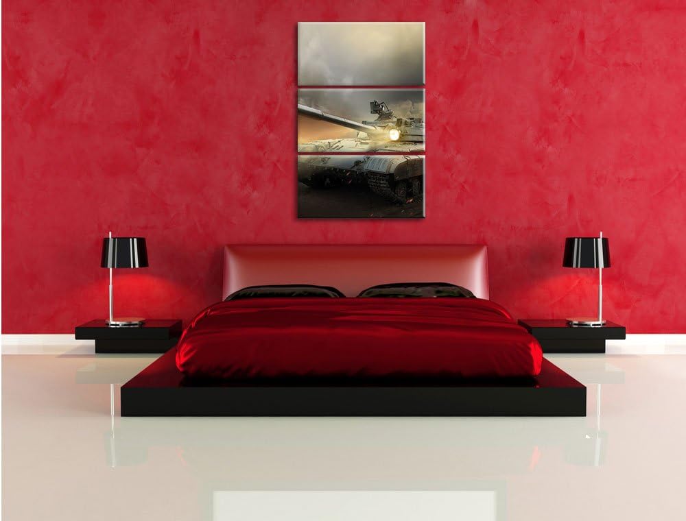 Pixxprint Panzer im Nebel 3Teiler 120x80 cm Leinwandbild Wandbild Kunstdruck
