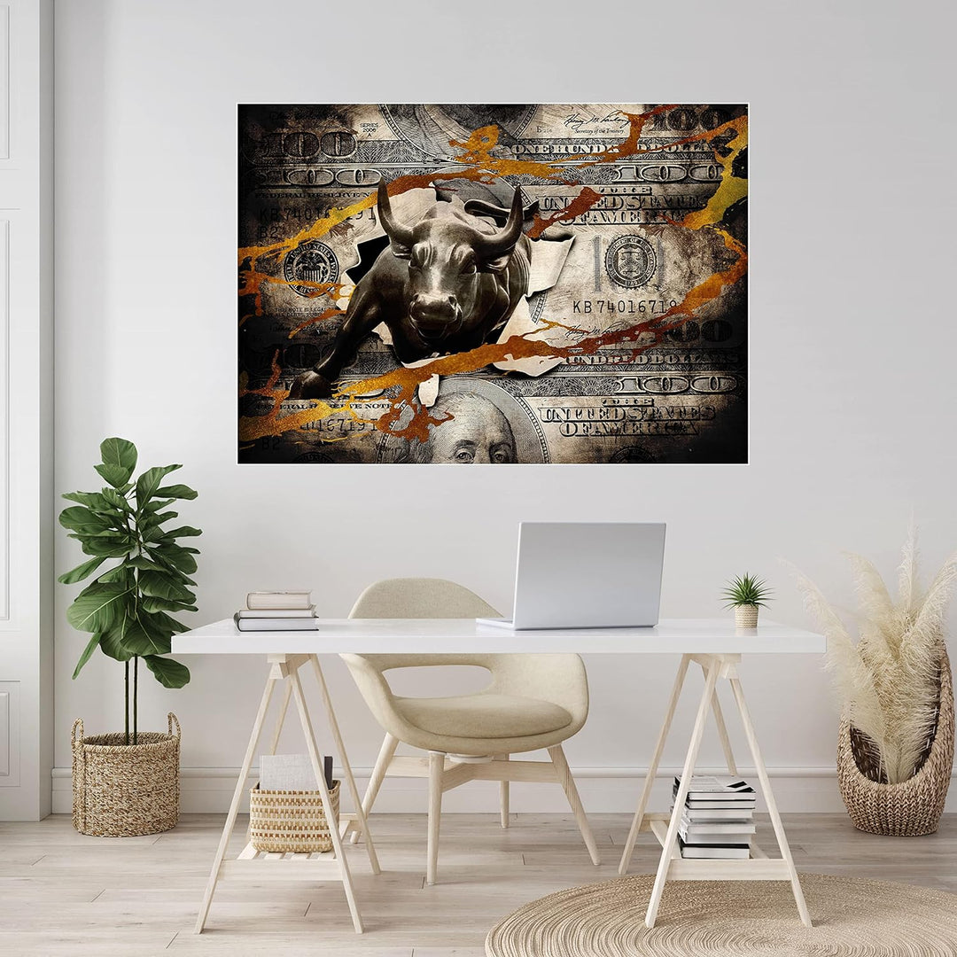 wandmotiv24 Poster als Wanddeko, Grösse Din A0, Stier stürmt durch Geldschein, Dollar, Geld, Tier, M