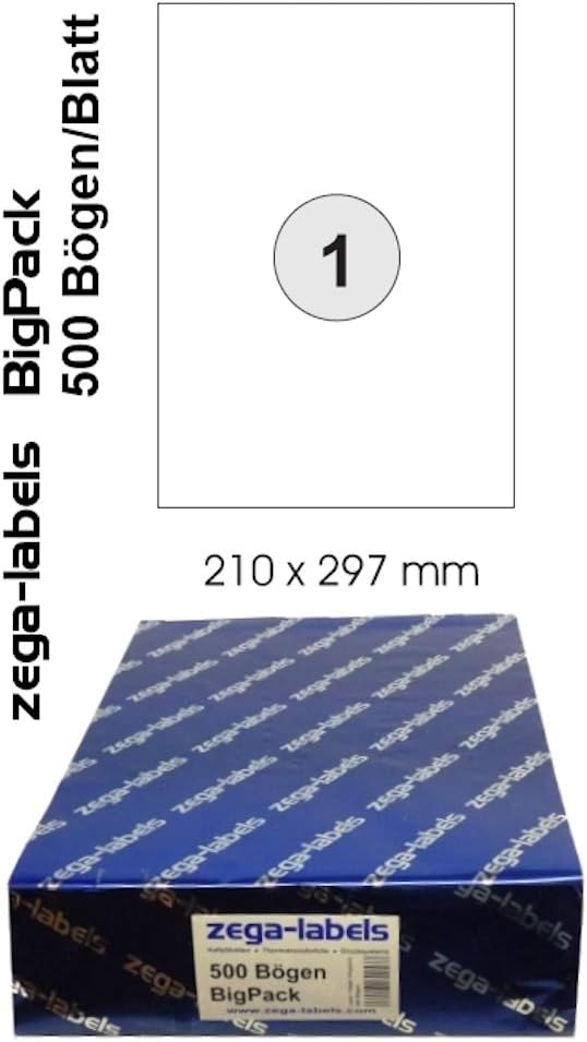 500 Etiketten 210 x 297 mm selbstklebend auf DIN A4 Bögen (1 Etikett DIN A4) - 500 Blatt Pack - mit