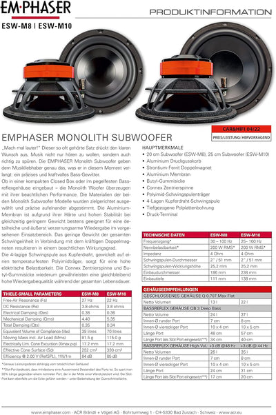 EMPHASER ESW-M8: Bass Lautsprecher 20 cm mit 200 Watt RMS, leistungsstarker 8 Zoll Subwoofer für Aut