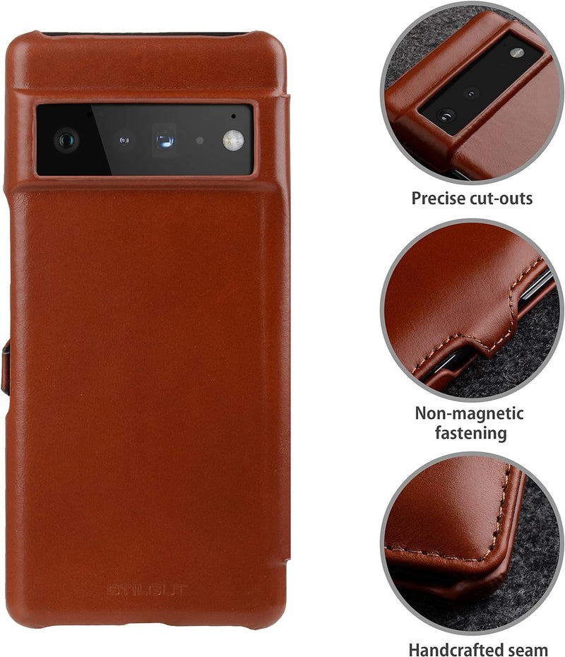 STILGUT Book Case kompatibel mit Google Pixel 6 Pro Hülle aus Leder mit Clip-Verschluss, Lederhülle,