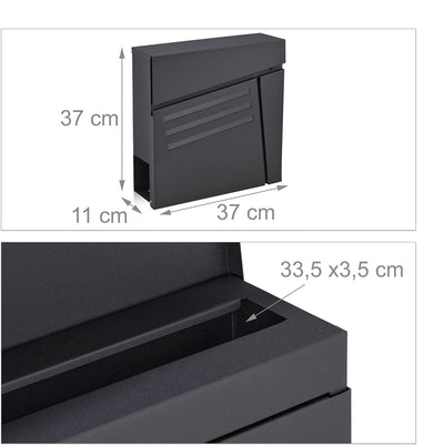 Relaxdays Briefkasten mit Zeitungsfach, Sichtfenster, HBT 37x37x11 cm, 2 Schlüssel, Stahl, moderner