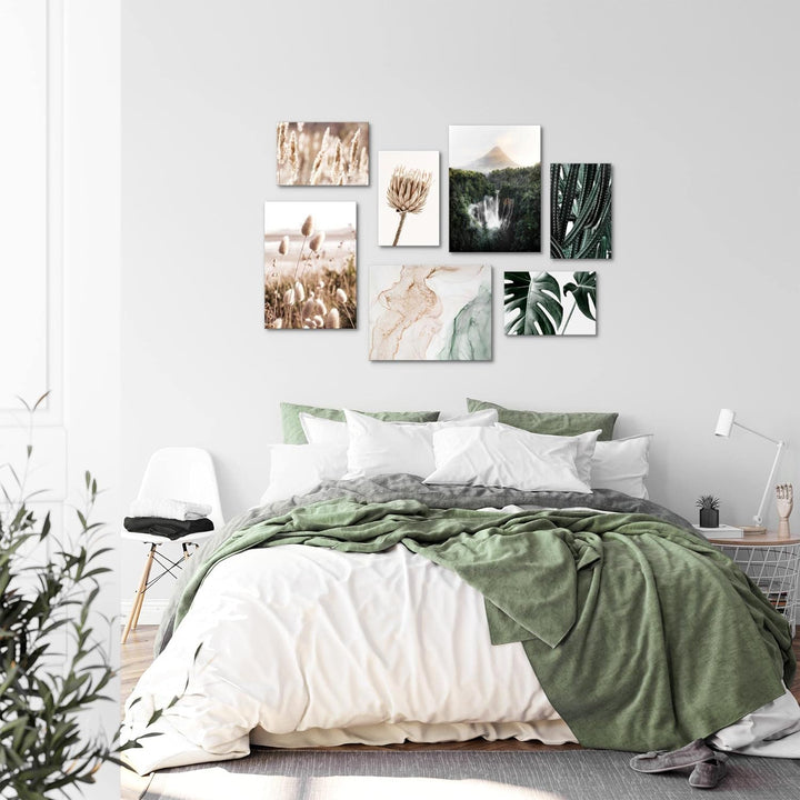 Novart Wandbilder Boho Natur - KOMPLETT AUFHÄNGFERTIG - Beige Grün Wohnzimmer Schlafzimmer- 7 Modern