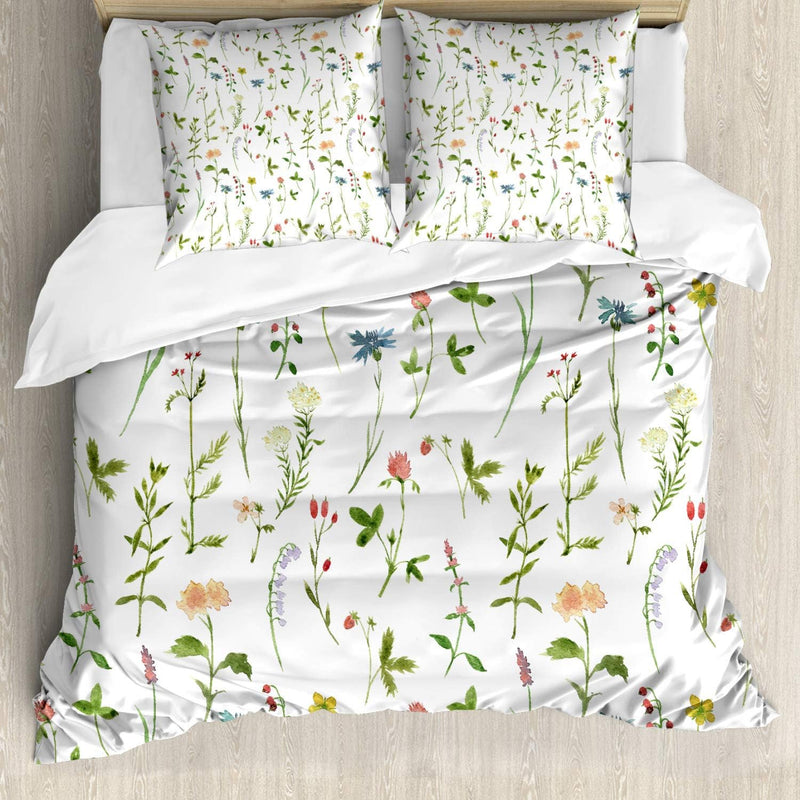 ABAKUHAUS Blumen Bettwäsche Set für Doppelbetten, Herb Flowers Aquarelle, Weicher Microfaserstoff Al